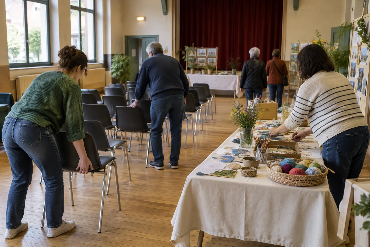 Des bénévoles installent une activité dans une salle de quartier ouverte au public.