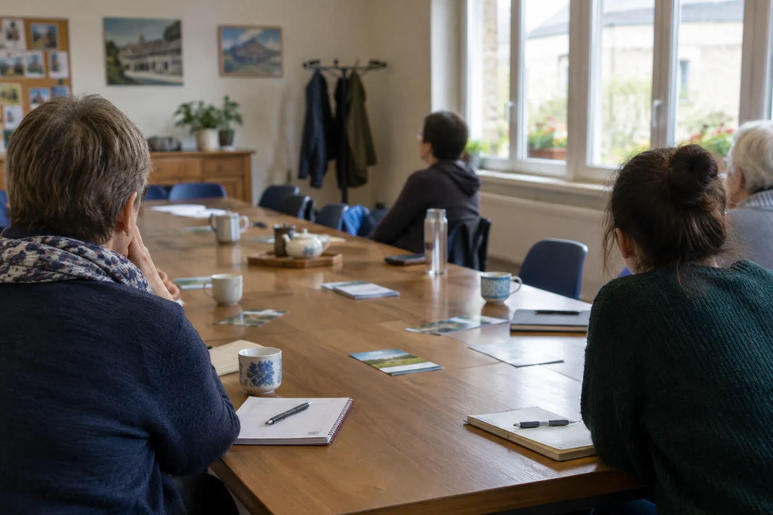 Une salle associative préparée pour une rencontre, avec des chaises disposées autour de tables.