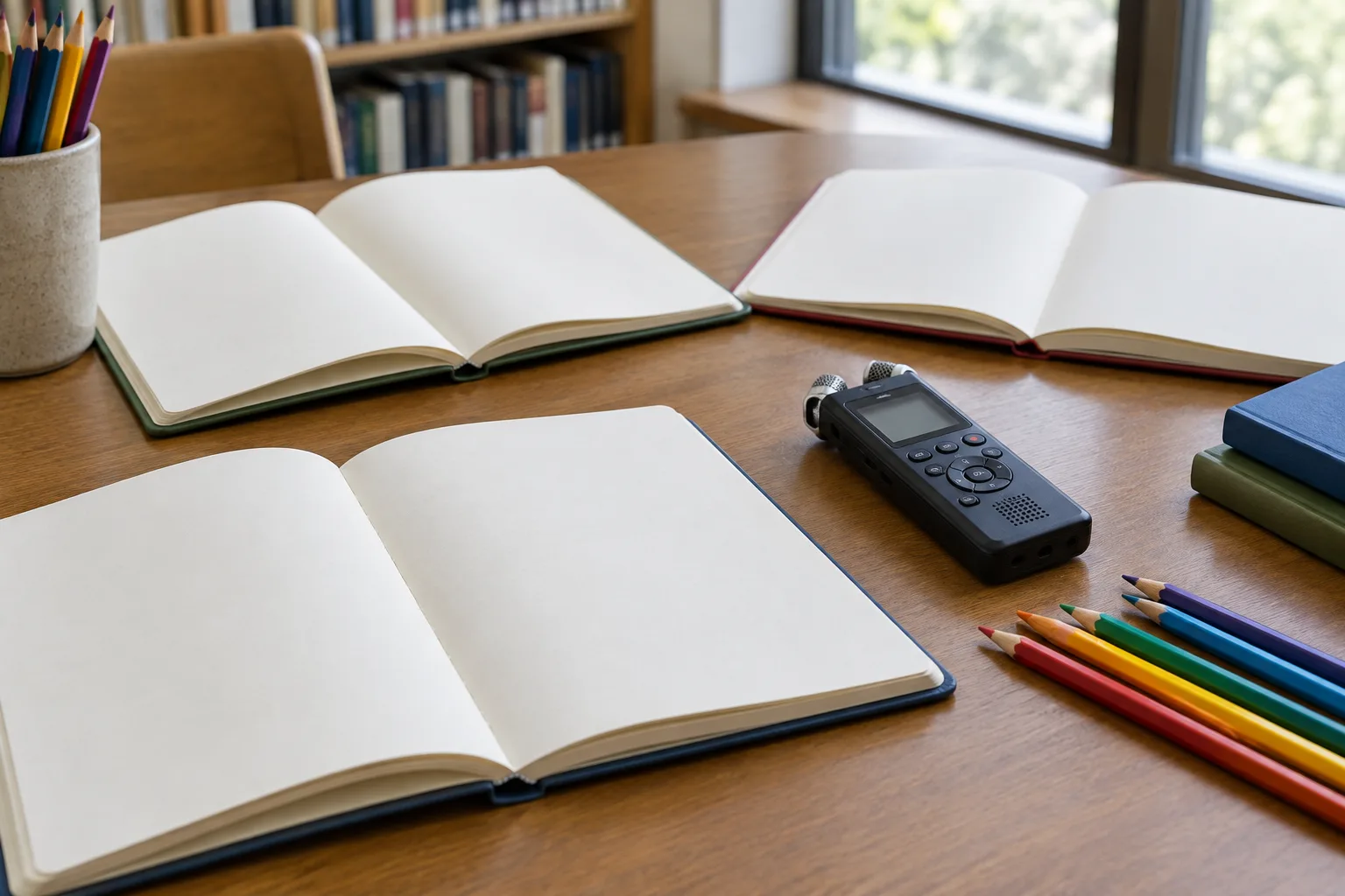 Des cahiers ouverts et un enregistreur audio posés sur une table de bibliothèque.
