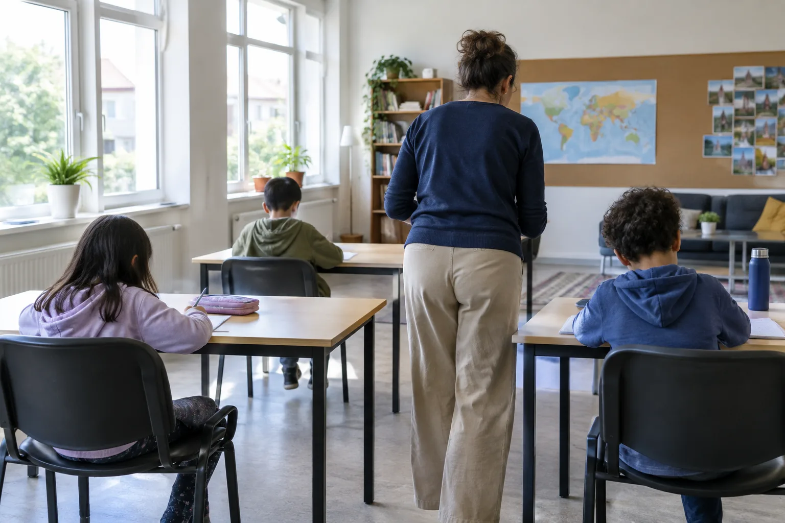 Dans une salle associative, un adulte accompagne des enfants réunis autour de tables de travail.