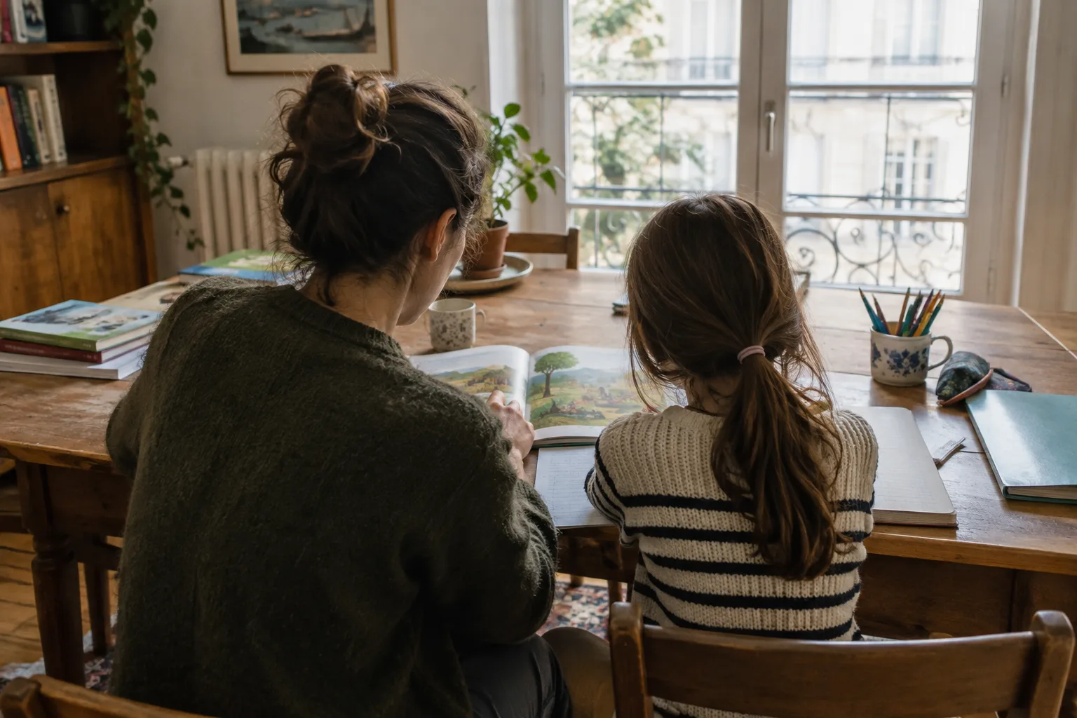 Un adulte et un enfant consultent un livre et des cahiers autour d’une table à la maison.