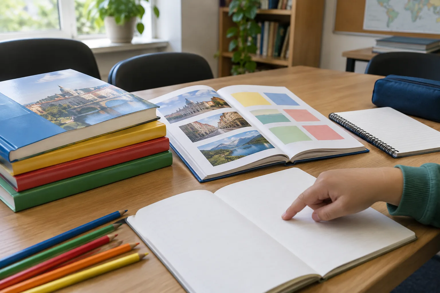 Des cahiers et des crayons sont disposés sur une table dans une salle associative.