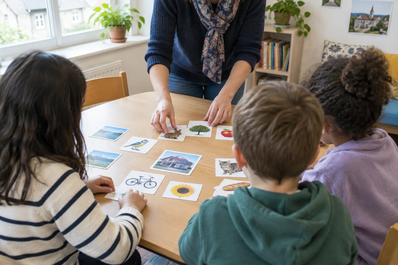Des enfants participent à un atelier linguistique autour de cartes illustrées dans une salle associative.