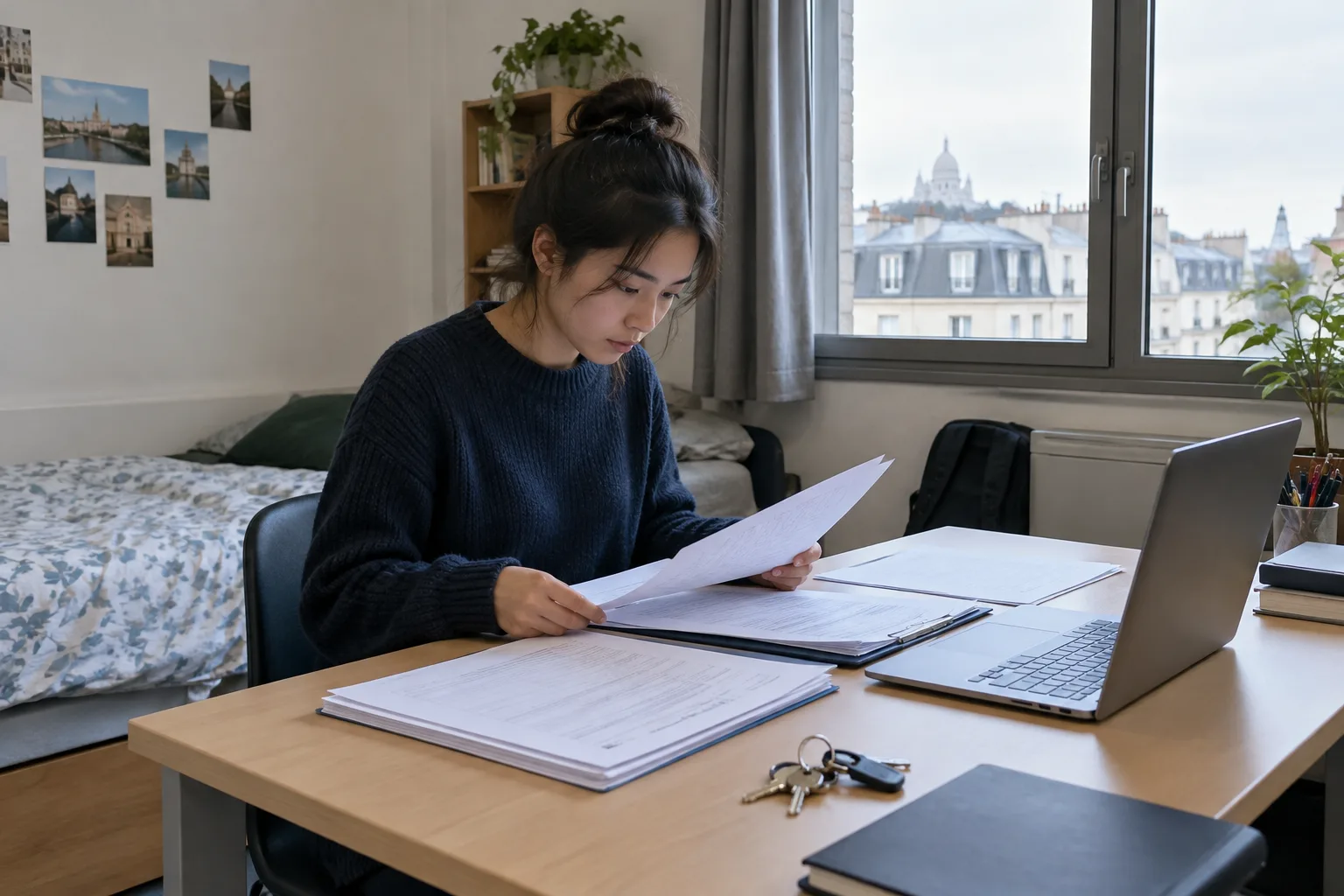 Un étudiant prépare des documents de location sur un bureau dans une chambre étudiante.