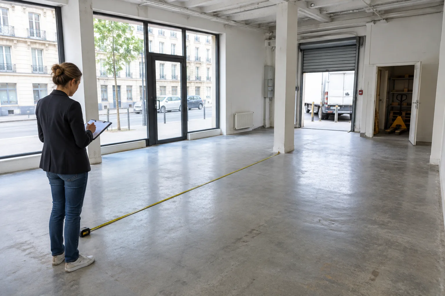 Un entrepreneur examine un local vide et prend des notes sur son aménagement.