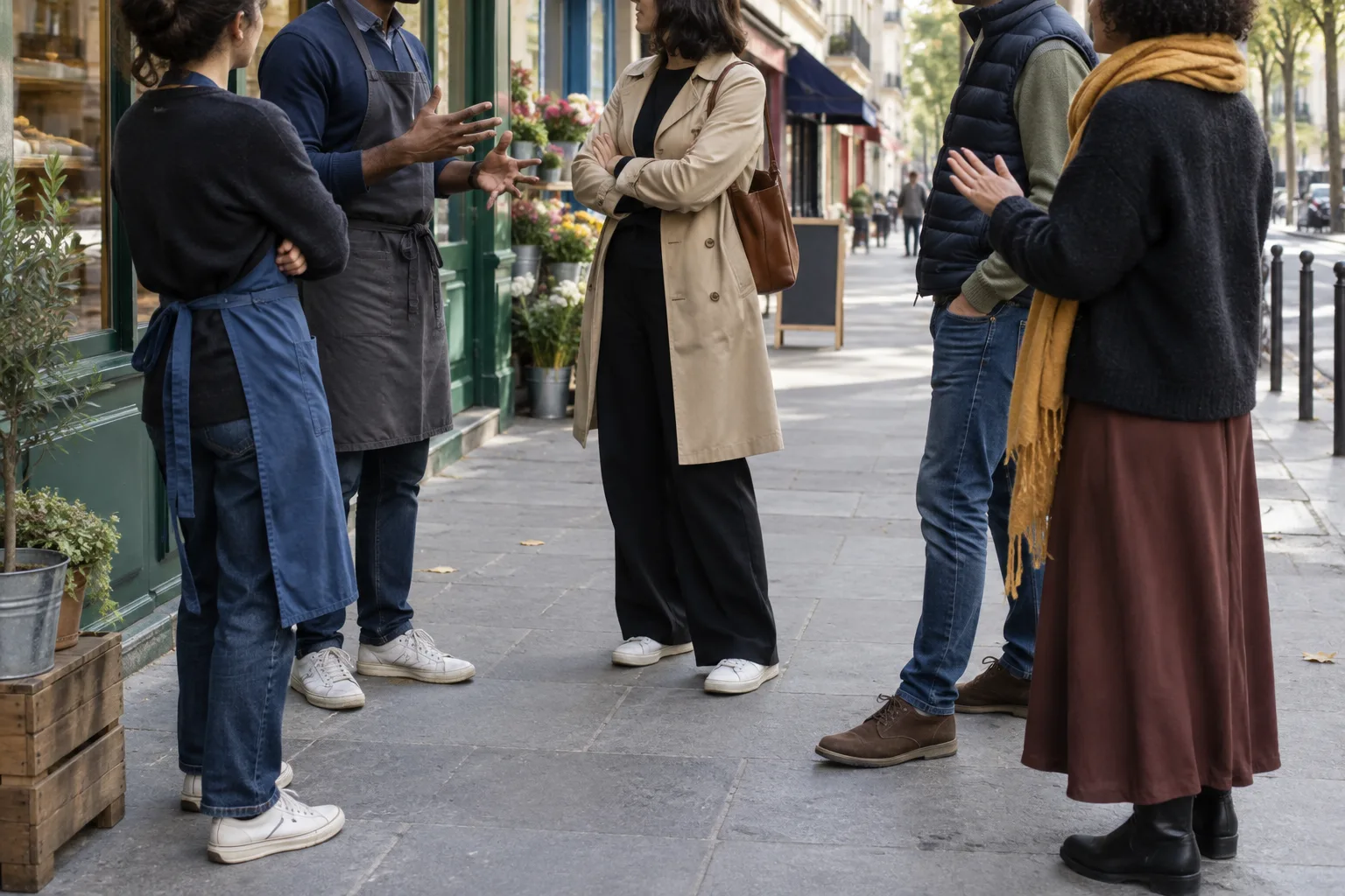 Des commerçants échangent sur le trottoir devant des boutiques d’un quartier français.