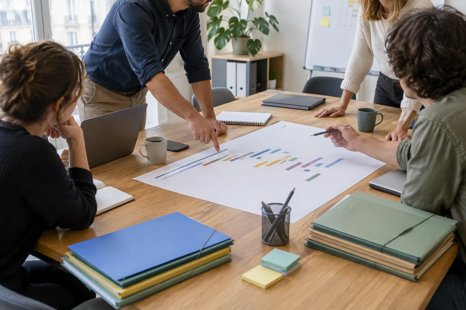 Une équipe de petite entreprise prépare le calendrier de suivi d’un contrat autour d’une table.