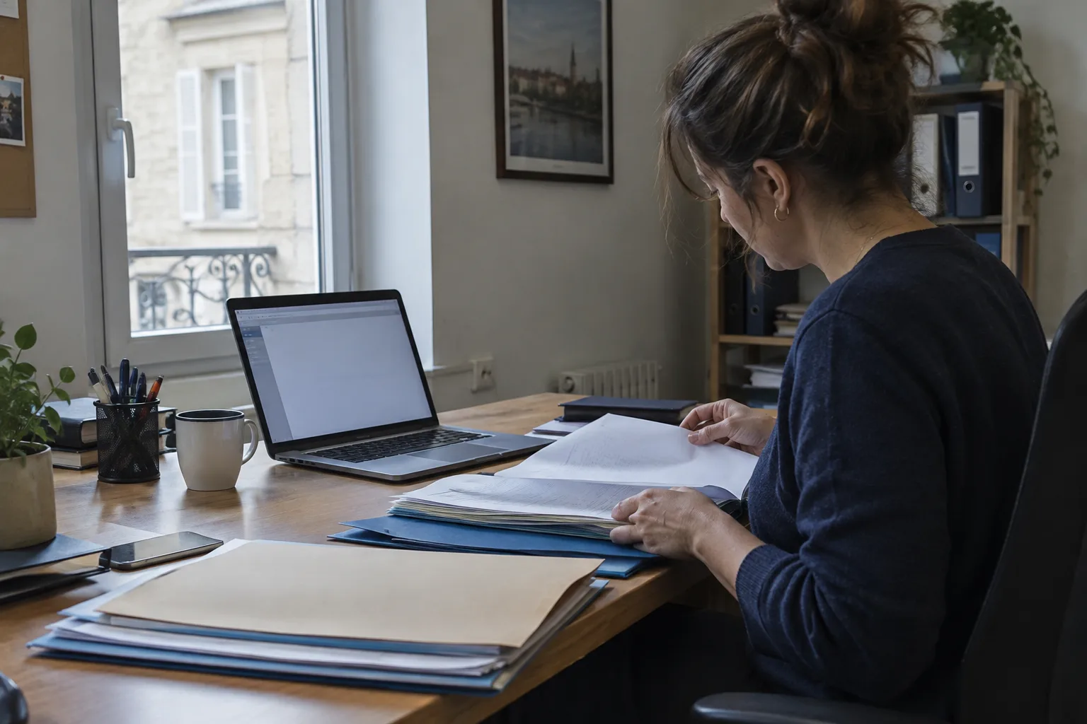 Un dirigeant de PME examine des documents de candidature à un marché public dans son bureau.