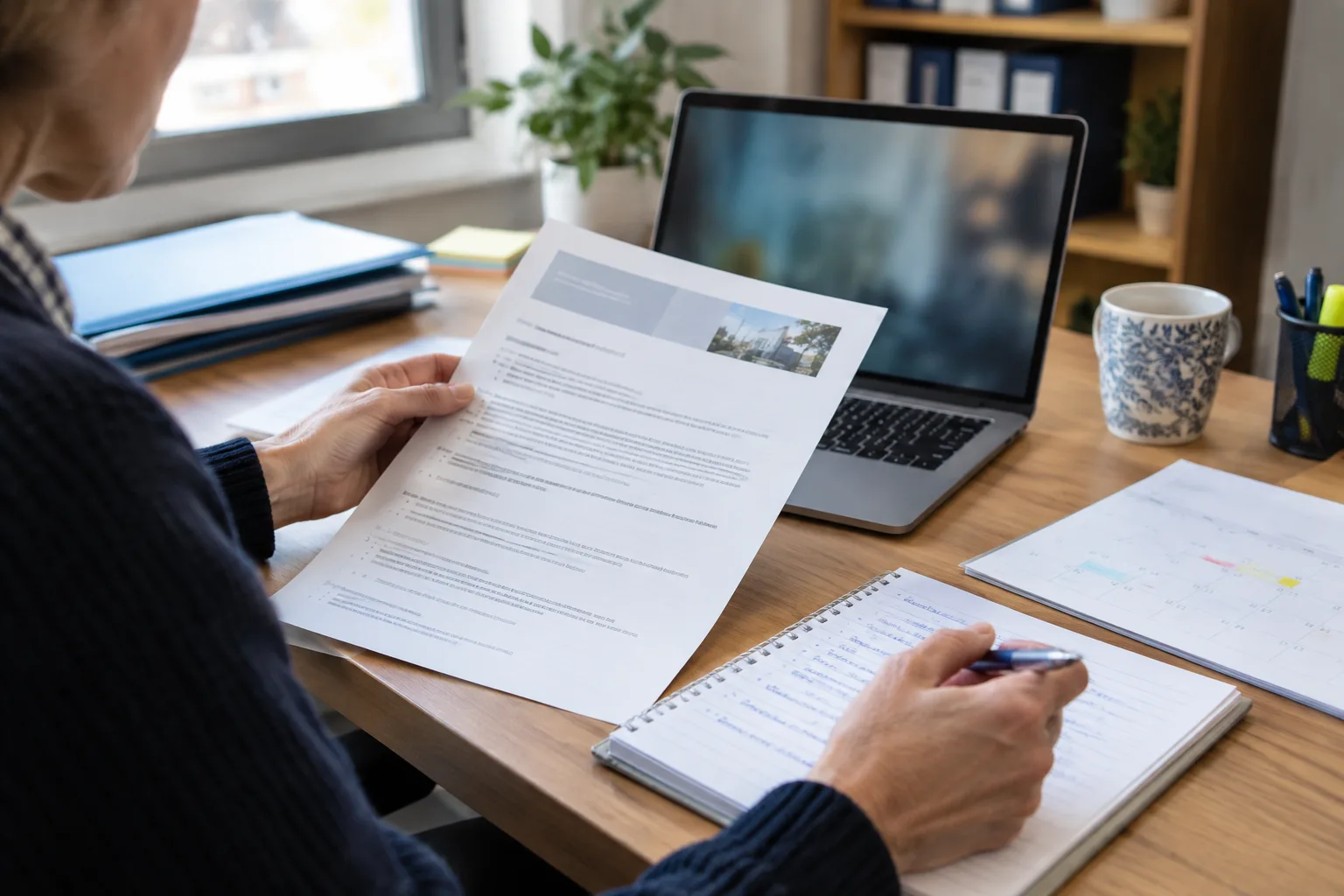 Des mains comparent des documents de consultation et un calendrier sur un bureau.