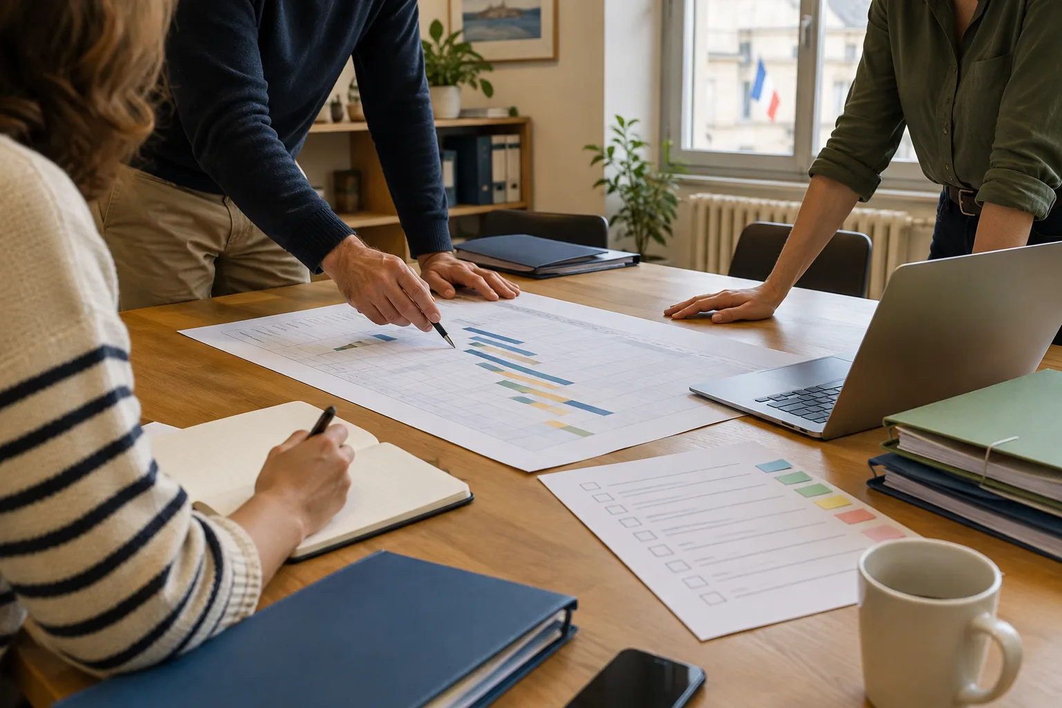 Une petite équipe organise les étapes d’exécution d’un contrat autour d’un planning.
