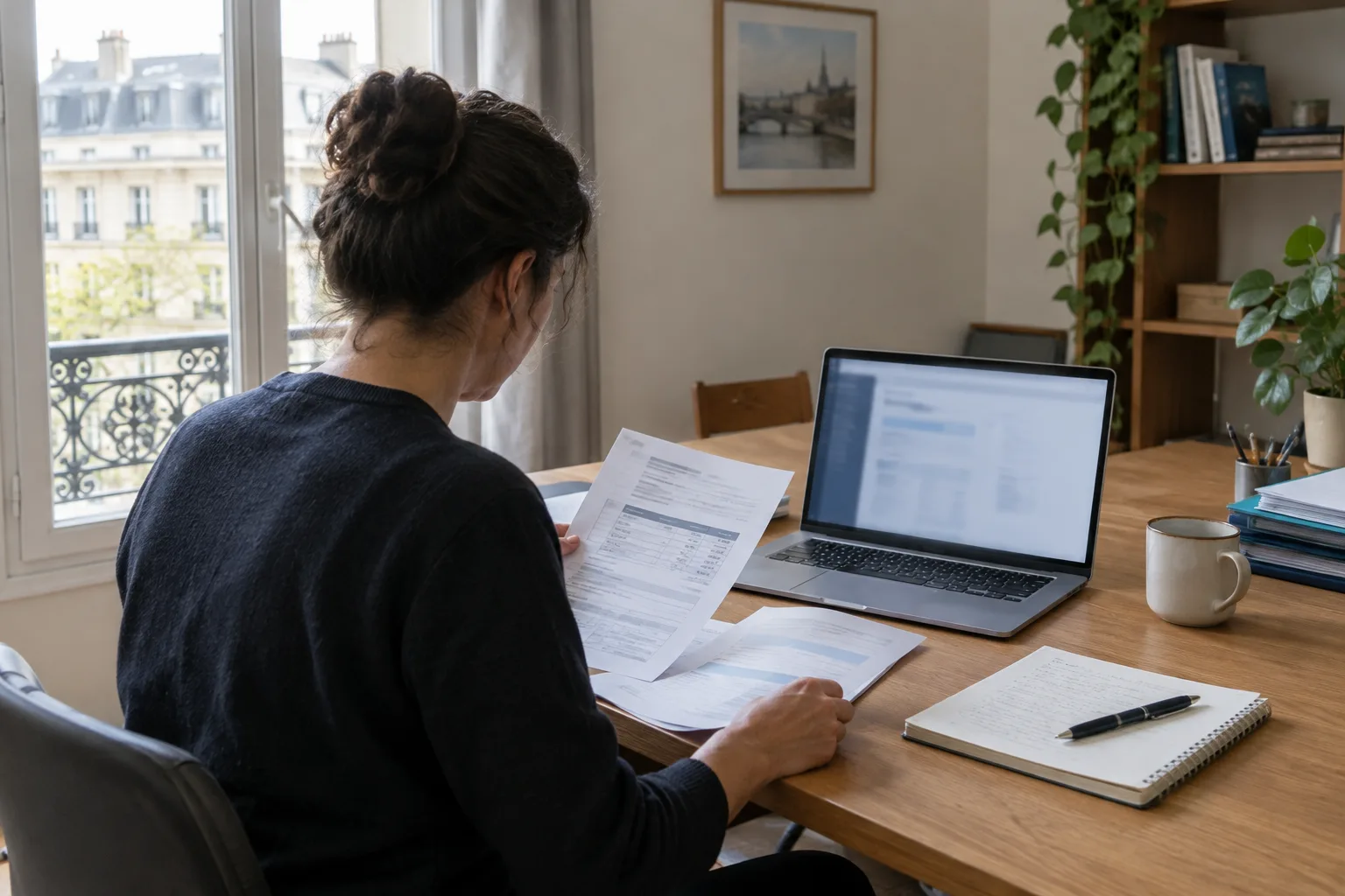 Une personne dirigeant une petite entreprise examine des documents professionnels dans un bureau.