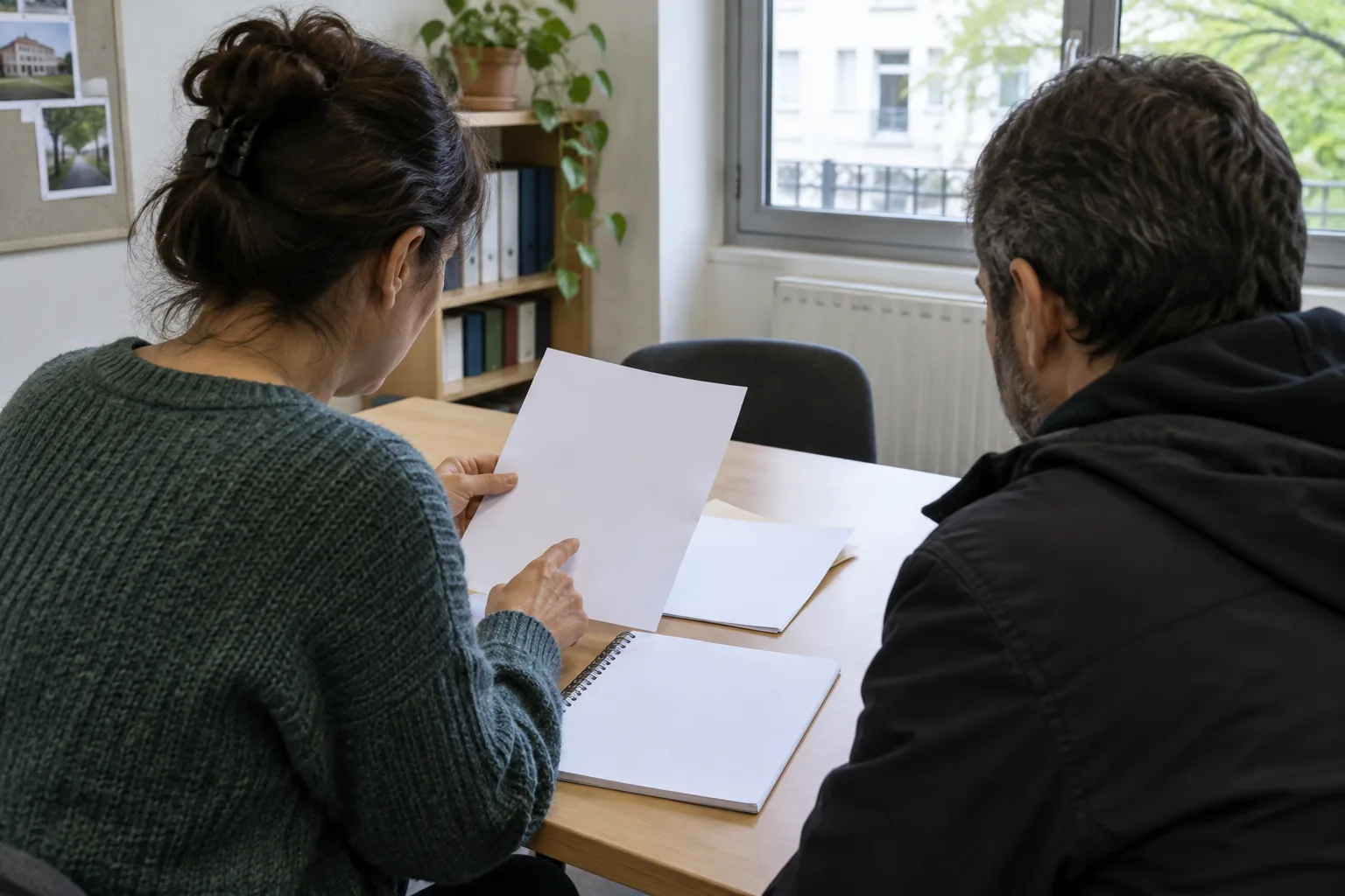 Une personne et une accompagnante consultent des documents dans un local associatif.
