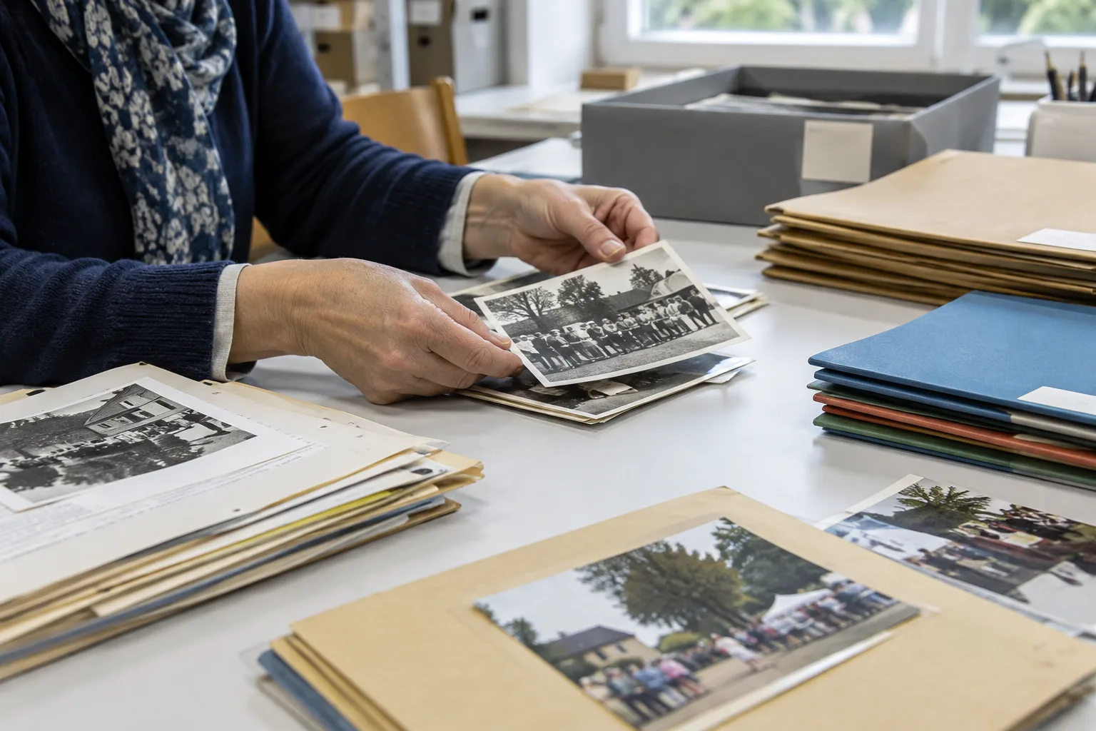 Des mains classent des dossiers, des photographies et des documents associatifs sur une table.