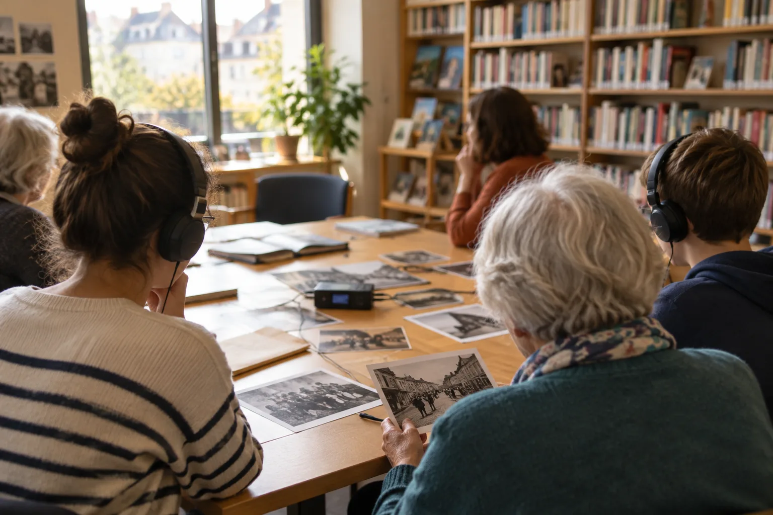 Des participants de plusieurs générations consultent des photographies lors d’un atelier dans une bibliothèque de quartier.