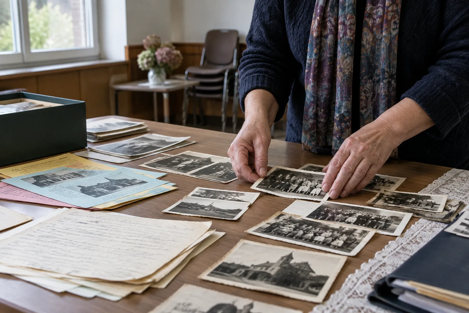 Des documents et des photographies anciennes sont disposés sur une table lors d’un travail de mémoire associative.