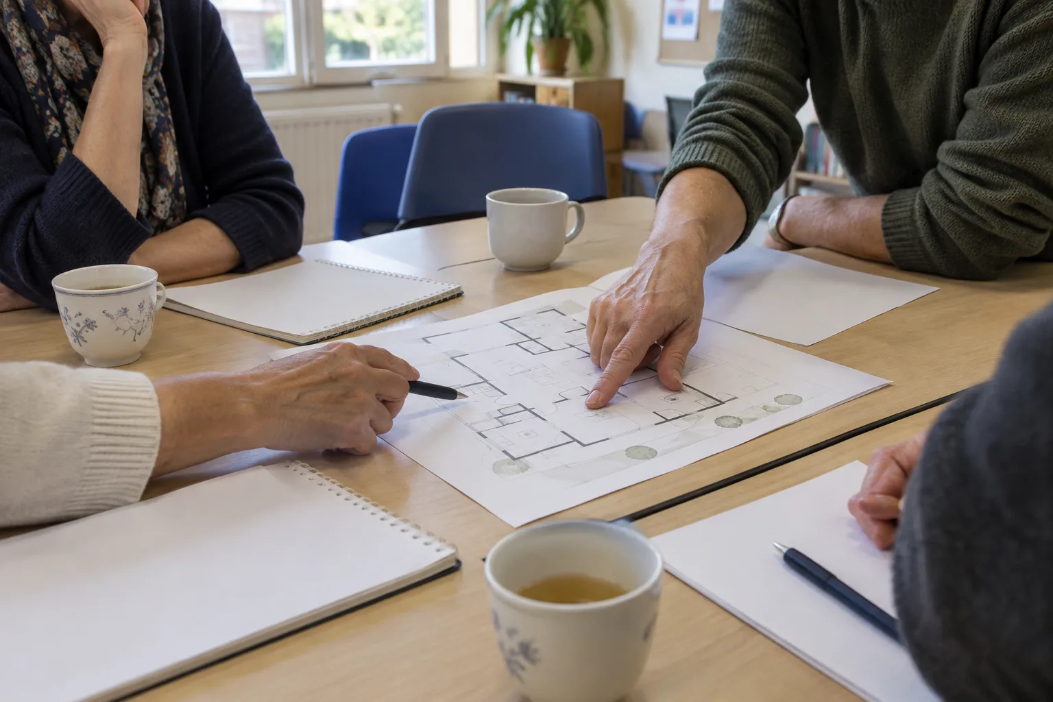 Des organisateurs échangent autour d’un plan de salle dans un centre de quartier.