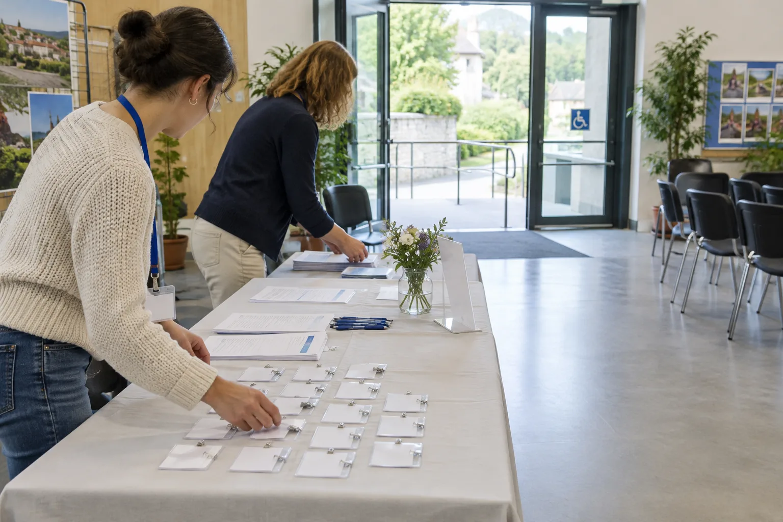 Des bénévoles aménagent un espace d’accueil dégagé pour une manifestation associative.