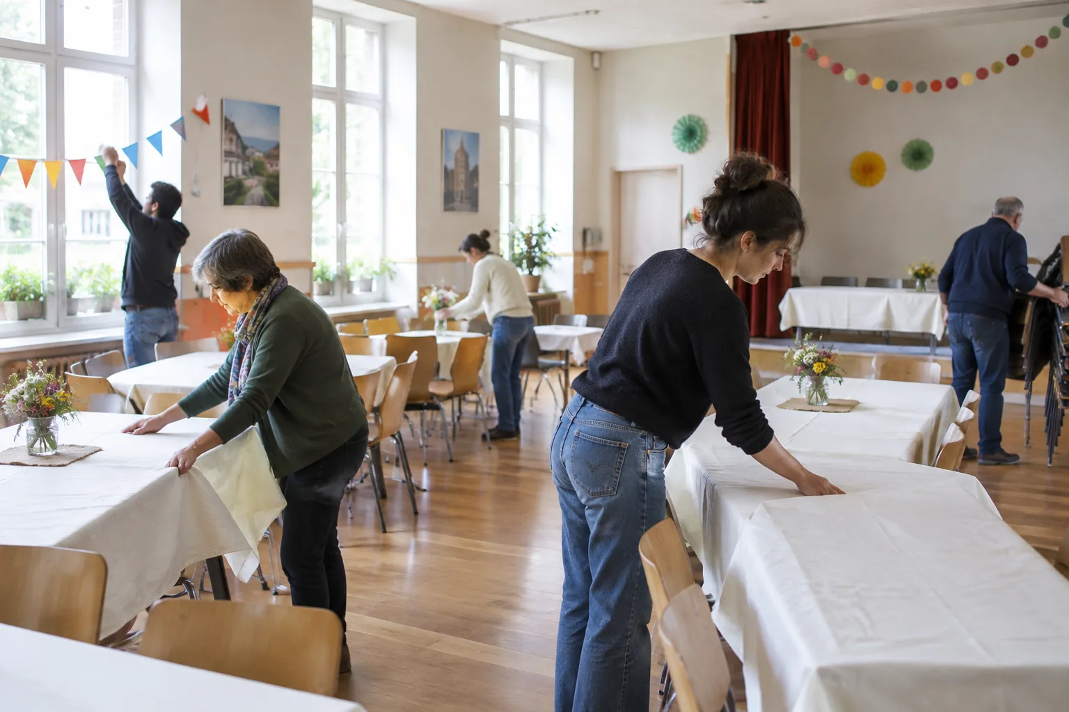 Des bénévoles préparent une salle de quartier pour une rencontre associative.