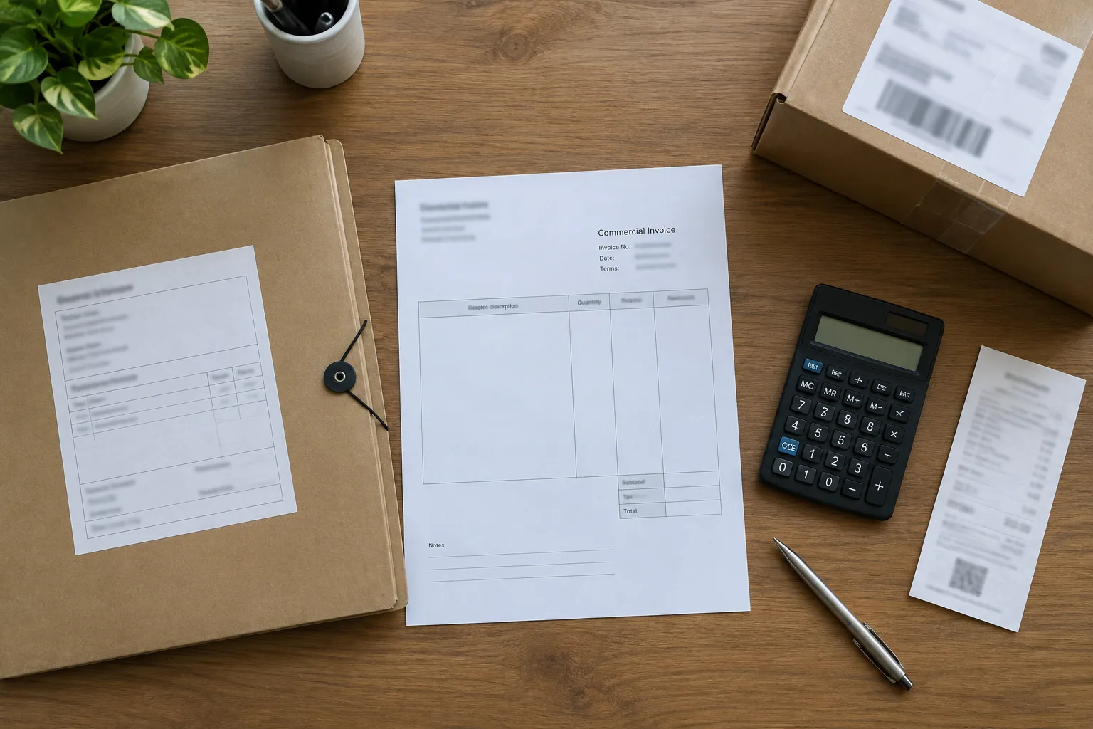 Des documents de transport et de paiement sont classés séparément sur un bureau.