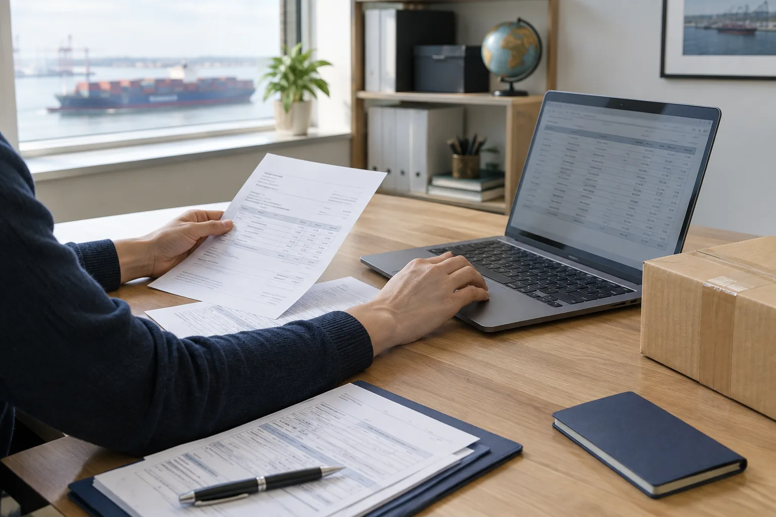 Un entrepreneur consulte des documents de commande et un ordinateur dans un bureau.