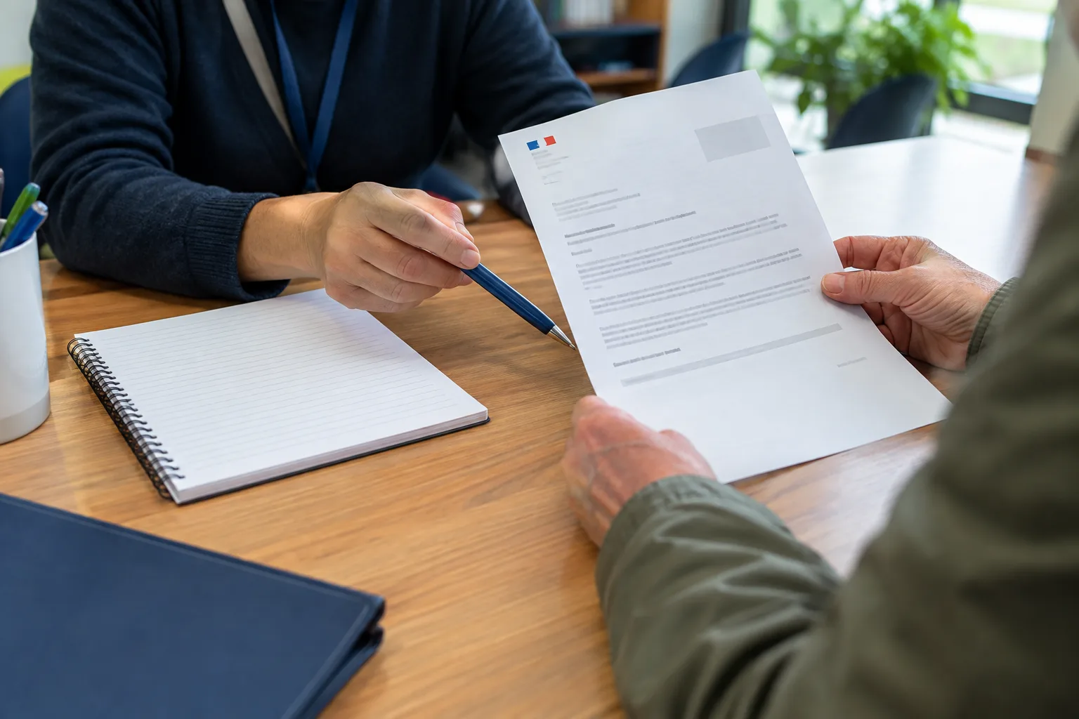 Des mains examinent un courrier administratif et prennent des notes sur un carnet.