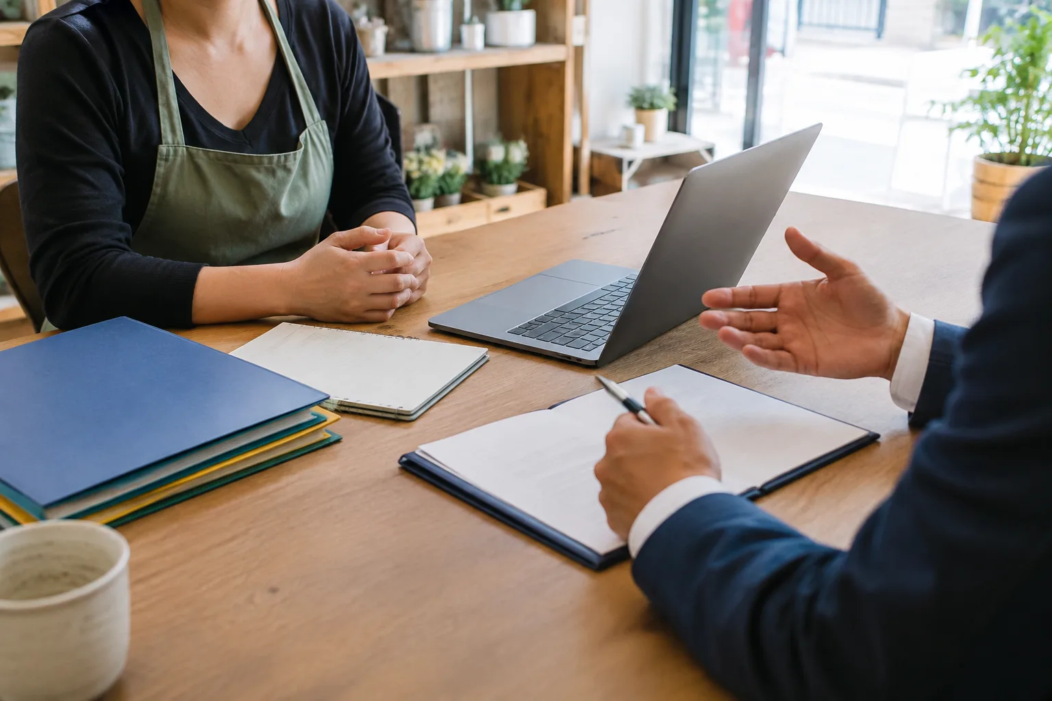 Un entrepreneur échange avec une personne référente autour de dossiers et d’un ordinateur.