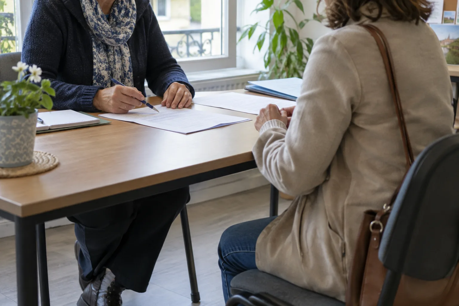 Une personne et une bénévole consultent des documents lors d’une permanence associative.
