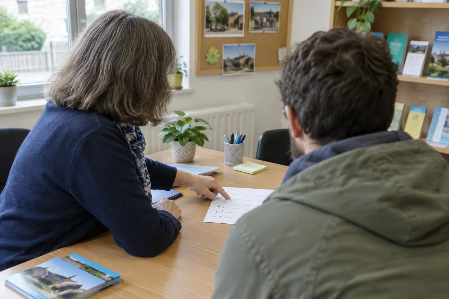 Dans un local associatif, un bénévole présente une liste de démarches à une personne accueillie.