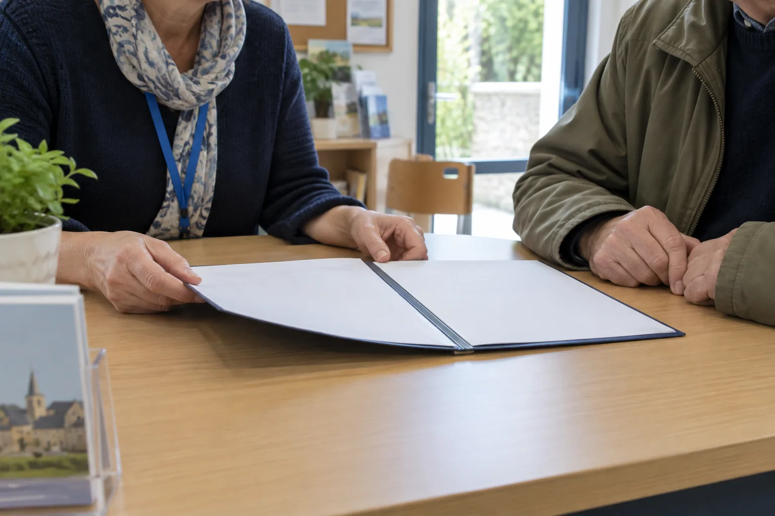 Un bénévole et une personne accueillie examinent un dossier à une table.