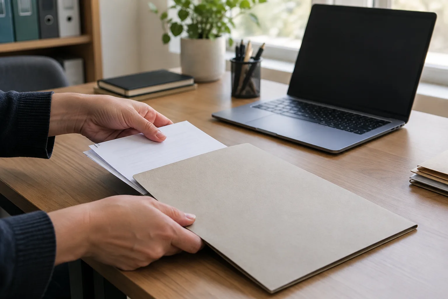 Des documents administratifs sont rangés dans un dossier fermé, à côté d’un ordinateur.