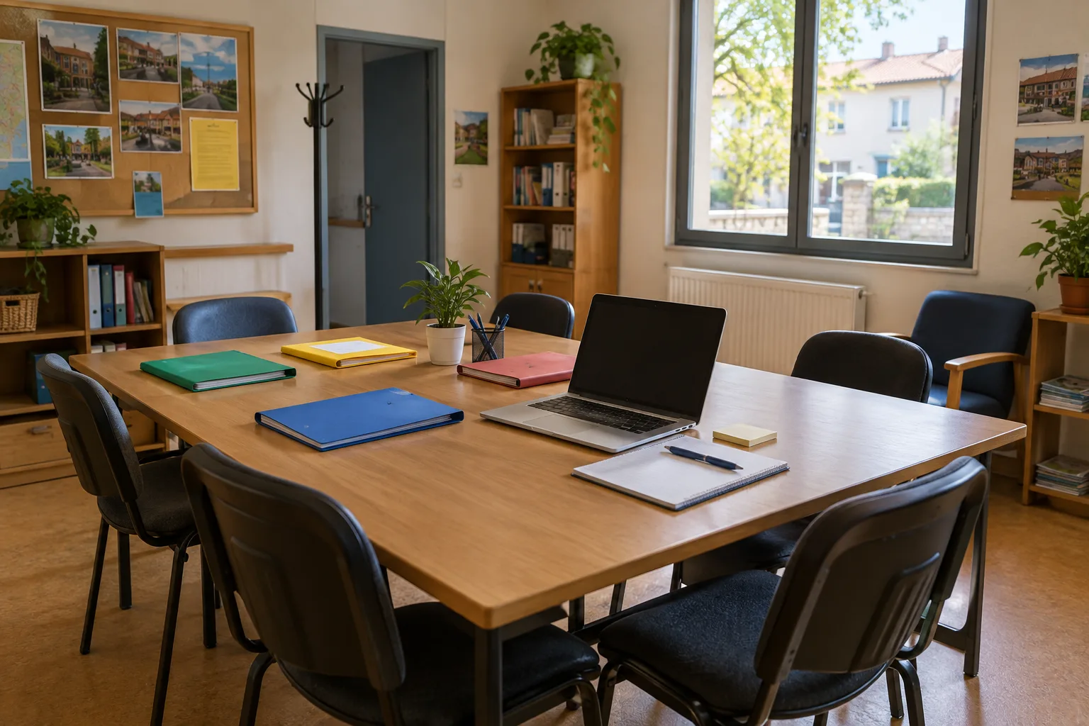 Une salle associative aménagée pour recevoir le public, avec des dossiers et un ordinateur.