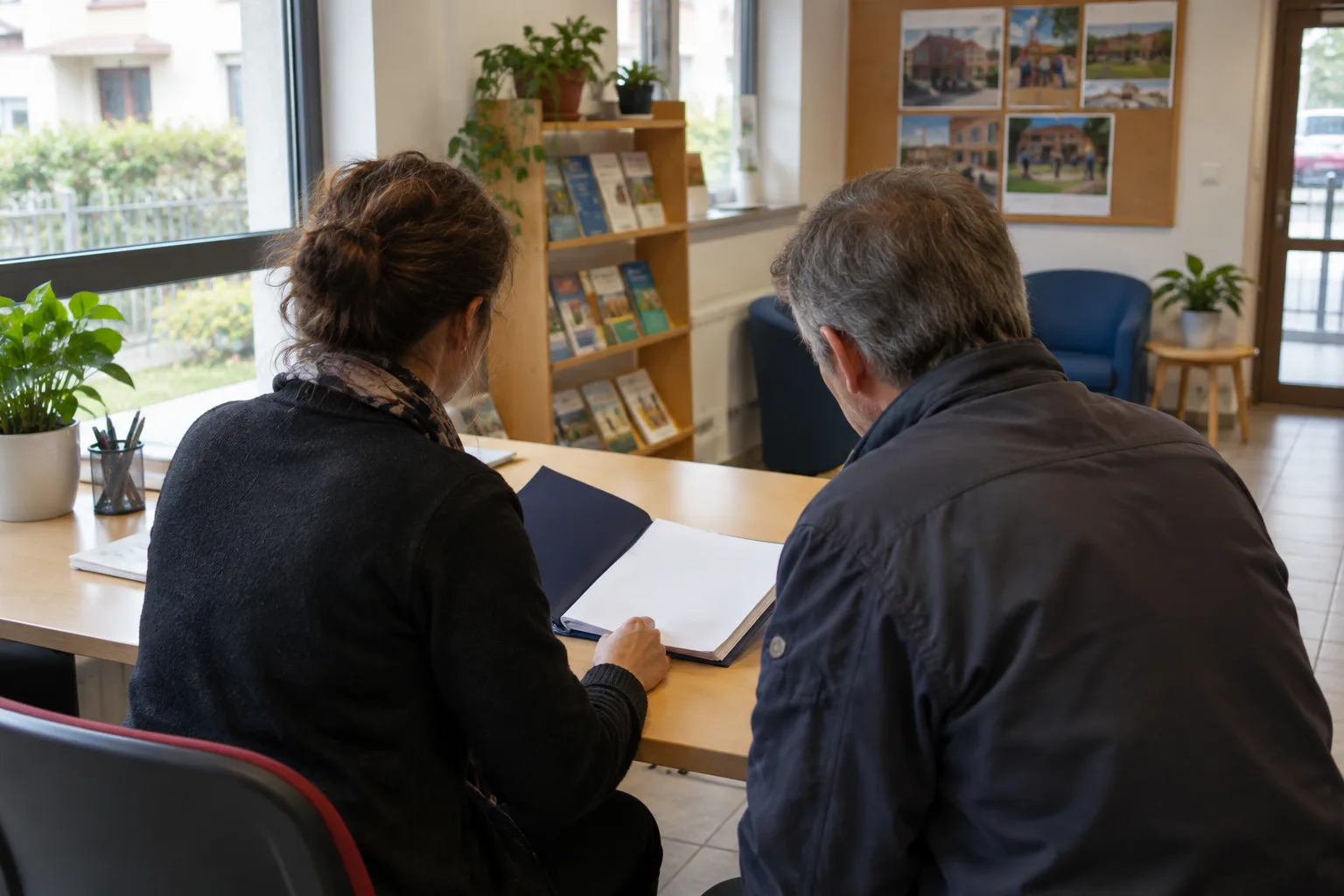 Une personne échange avec un membre d’une association autour d’un dossier dans un local de quartier.