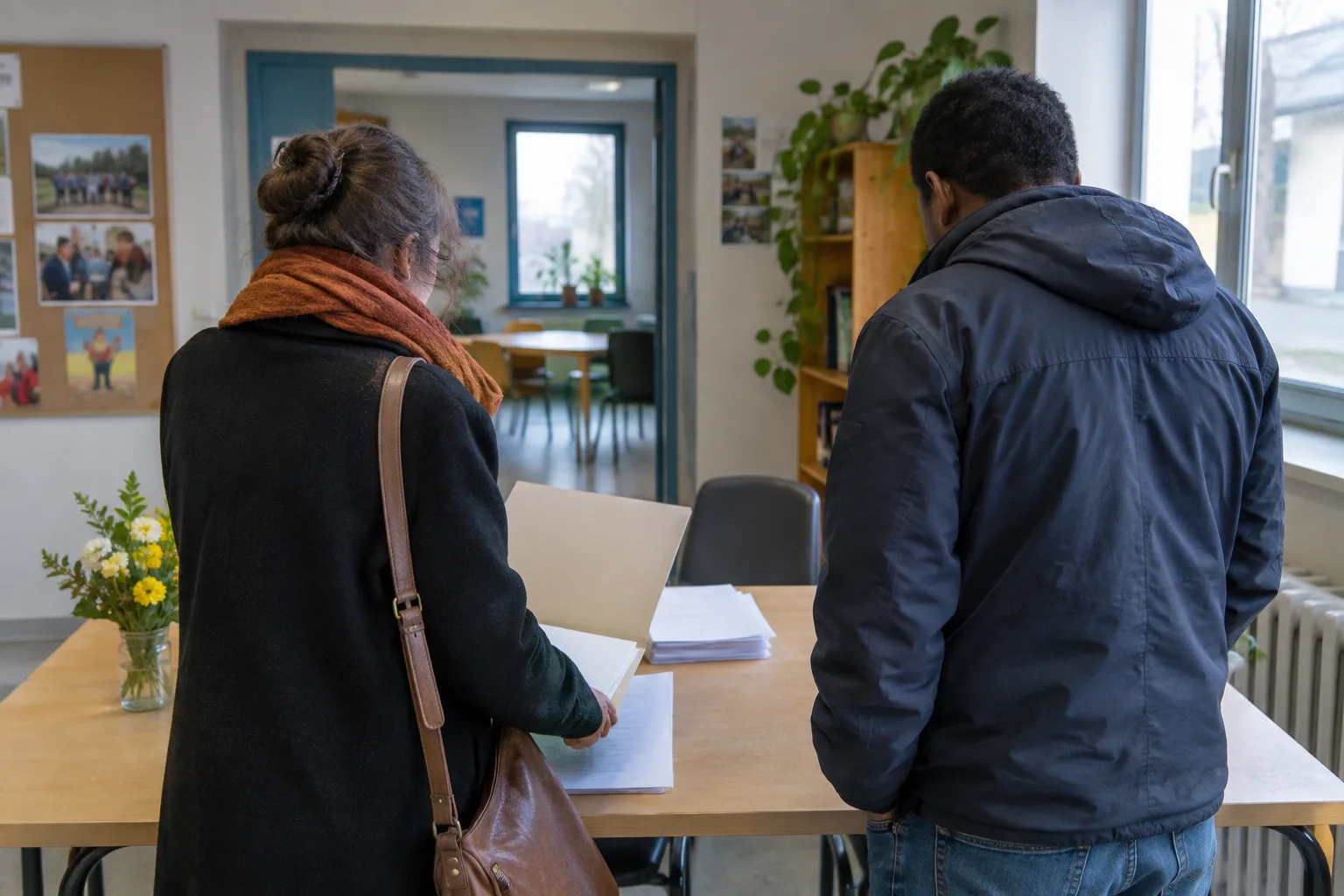 Deux personnes consultent des documents lors d’un accueil associatif.