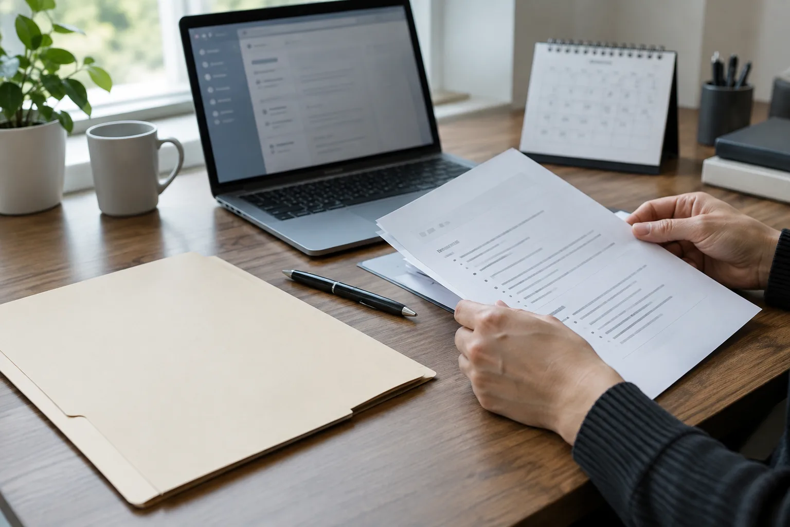 Des mains examinent un dossier d’embauche posé à côté d’un ordinateur et d’un calendrier.