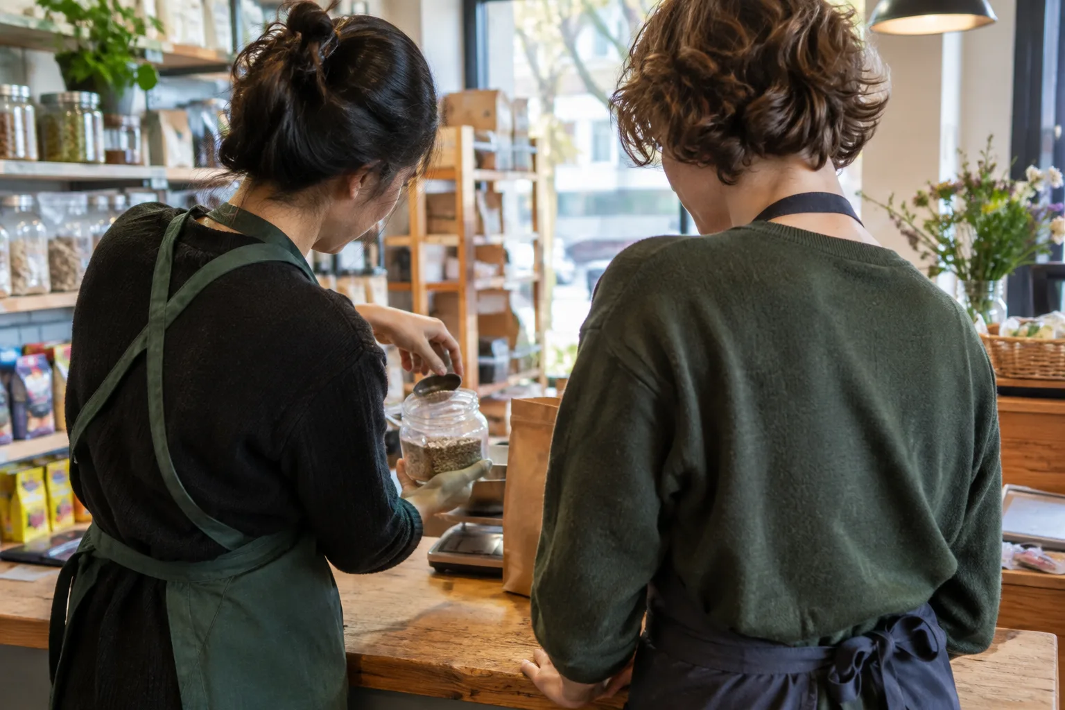 Dans un commerce, une personne montre une tâche de travail à un nouveau collègue.