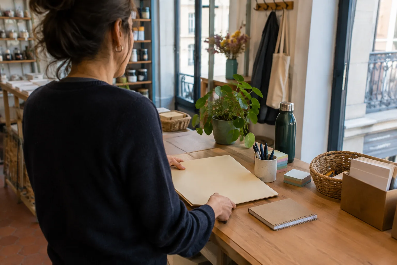 Un entrepreneur prépare des documents et du matériel avant l’arrivée d’un nouveau salarié.