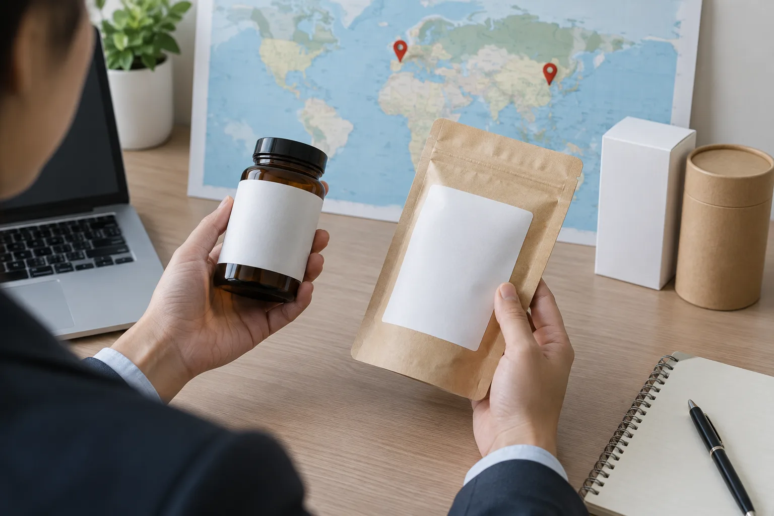 Des échantillons d’emballage sont comparés devant une carte reliant la France et la Chine.