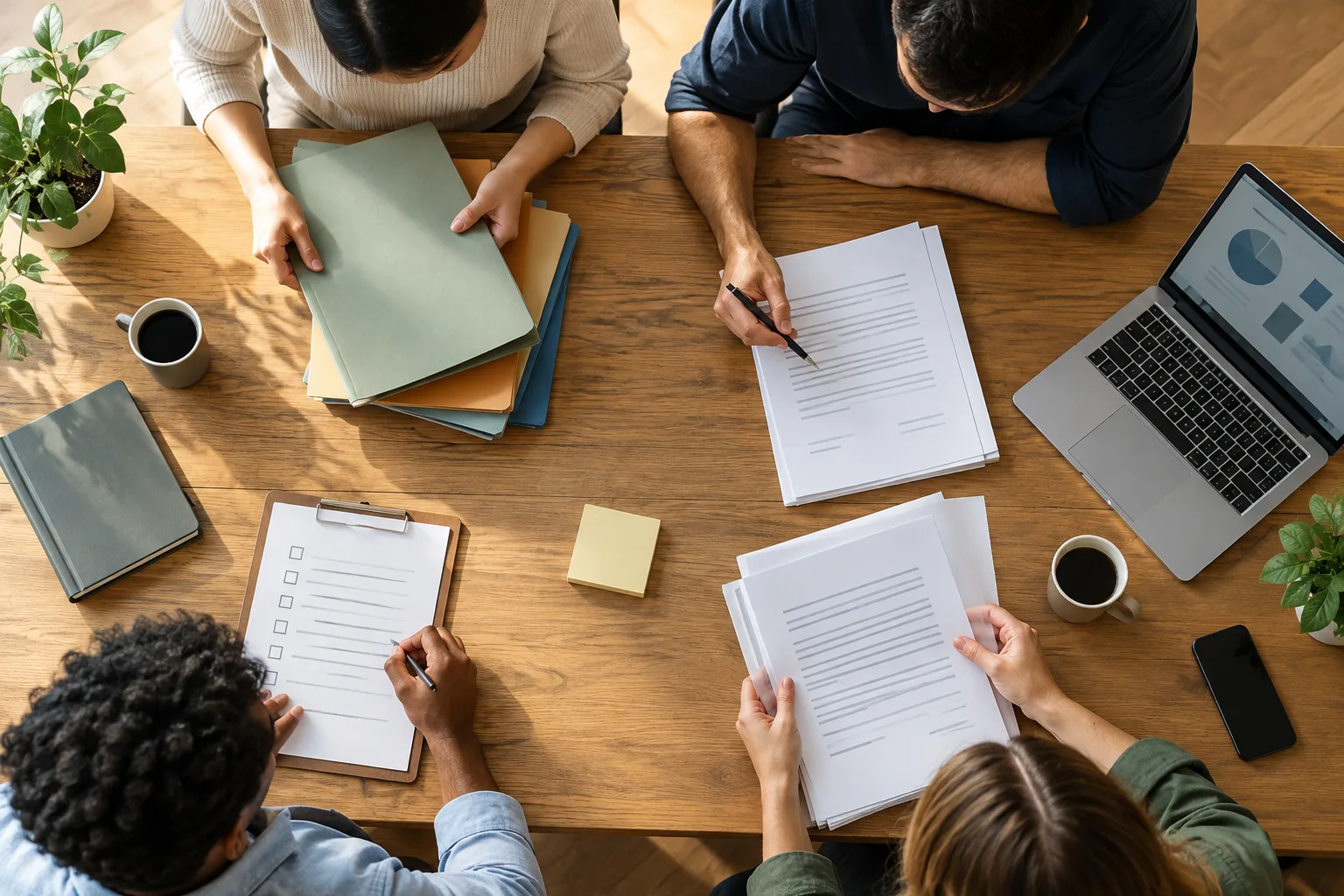 Une équipe de PME organise des dossiers et des documents de suivi autour d’une table.