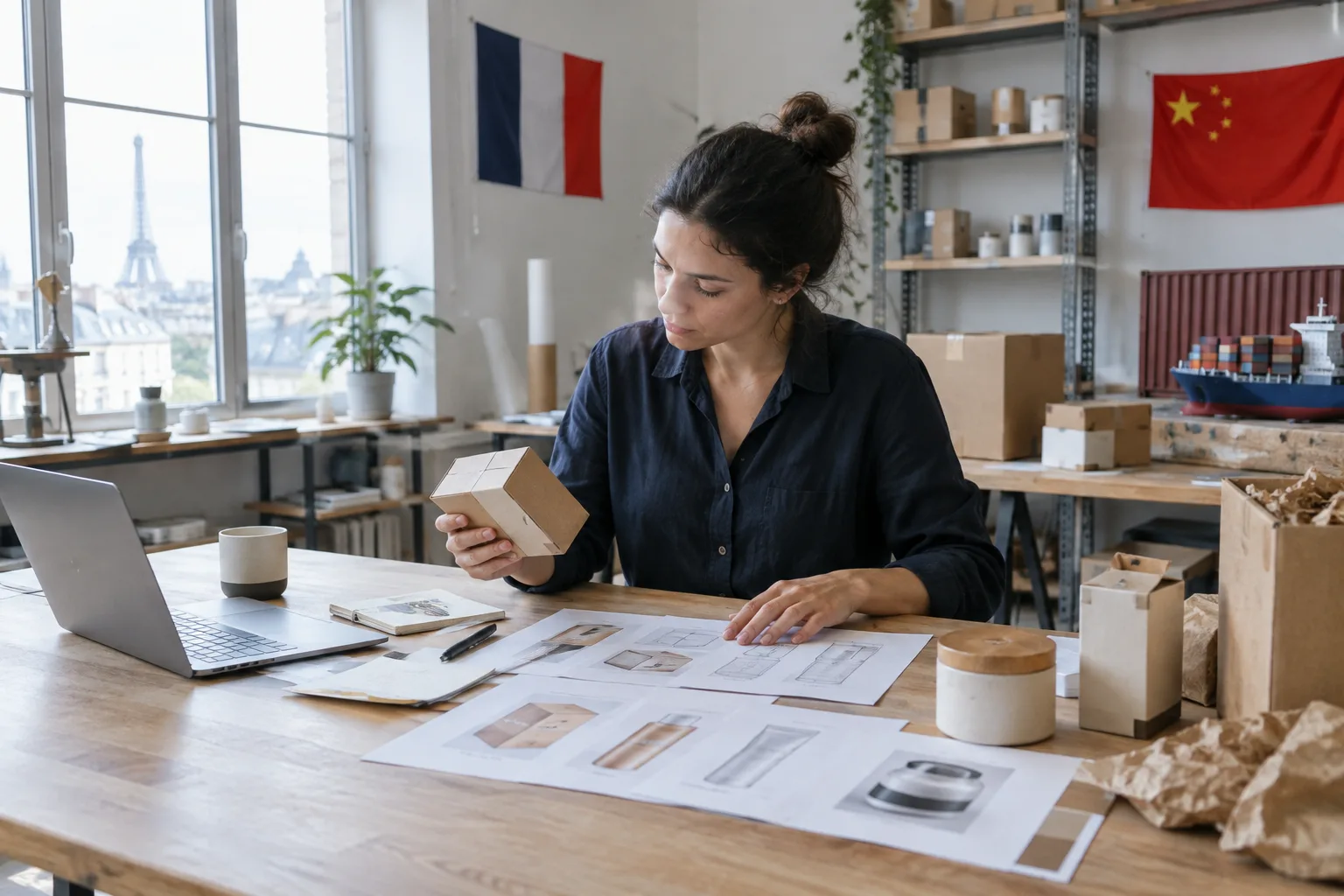 Une entrepreneuse examine des plans et un prototype sur une table de travail.