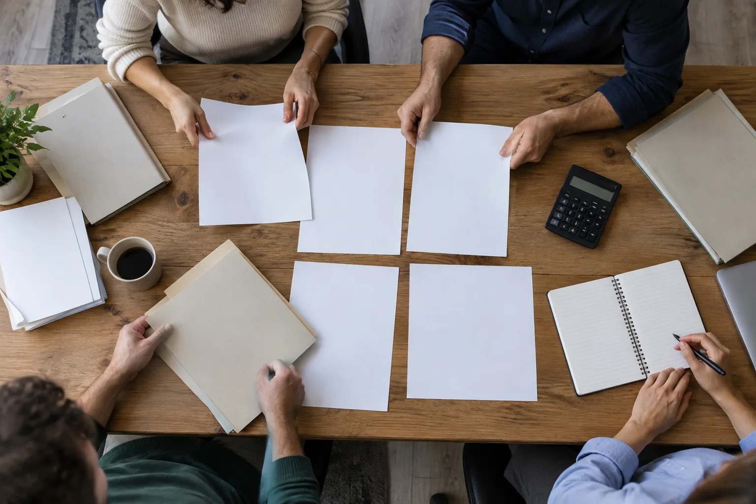 Des mains organisent des dossiers et des feuilles vierges pour recenser les pratiques d’une entreprise.