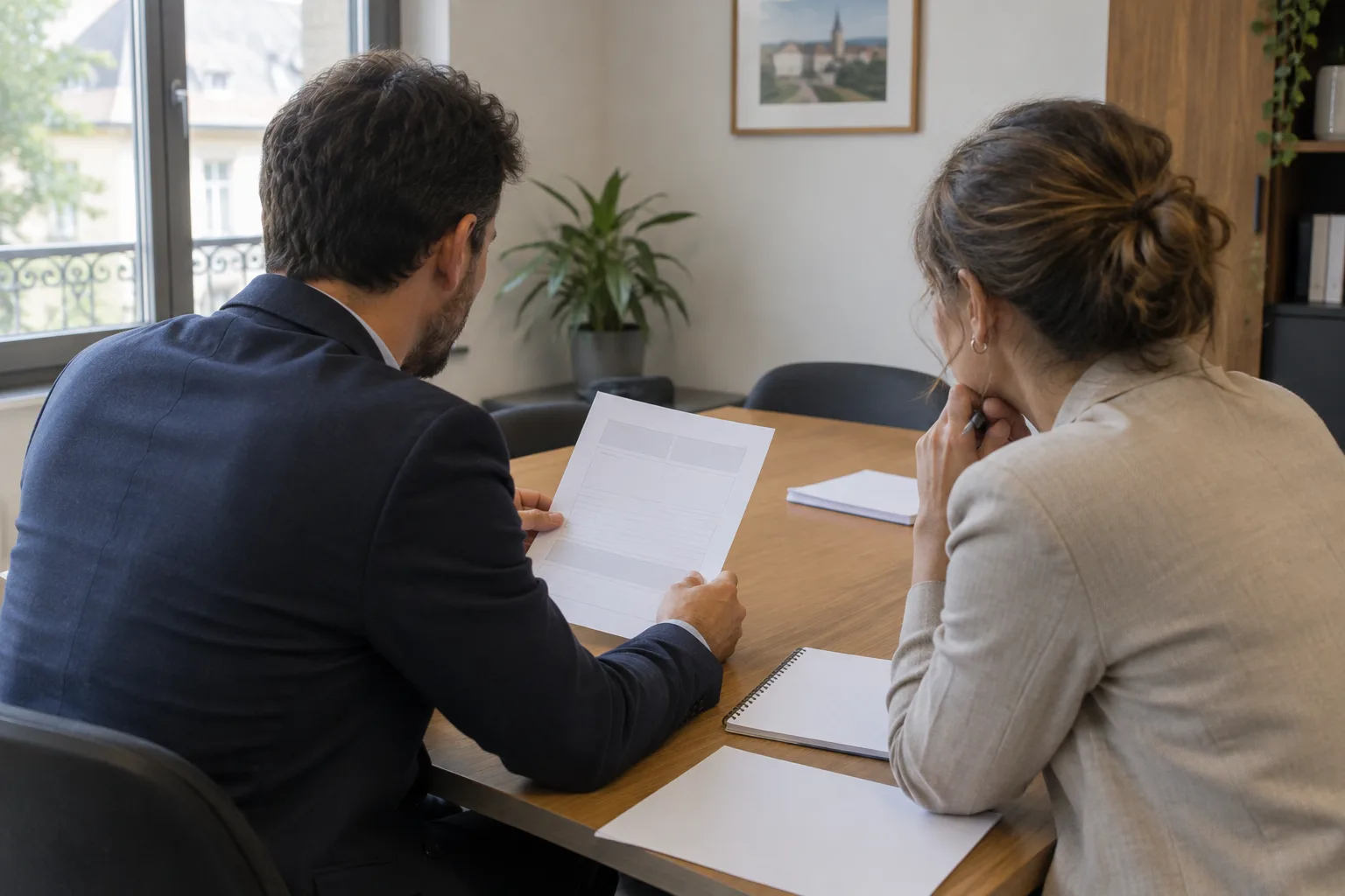 Deux professionnels échangent autour de documents lors d’un rendez-vous commercial.