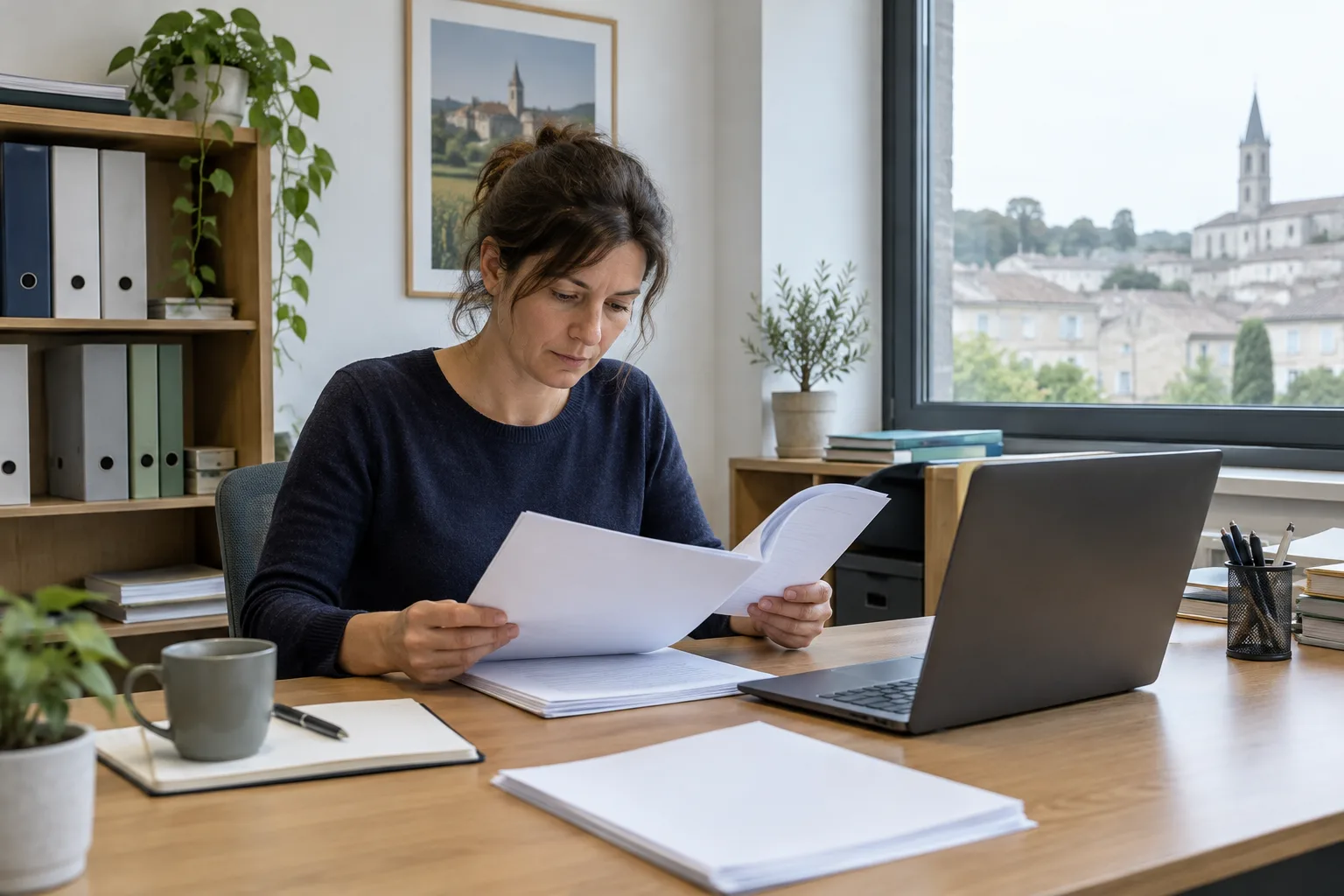 Un dirigeant de petite entreprise examine des documents liés à une demande RSE dans son bureau.