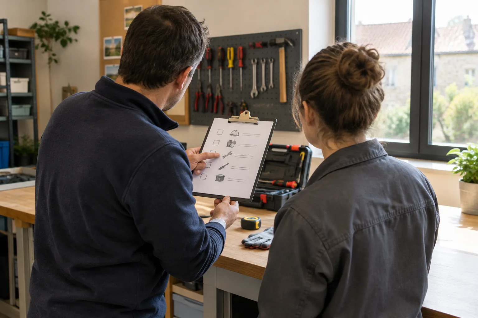 Un responsable présente des outils de travail et des consignes à une nouvelle recrue.