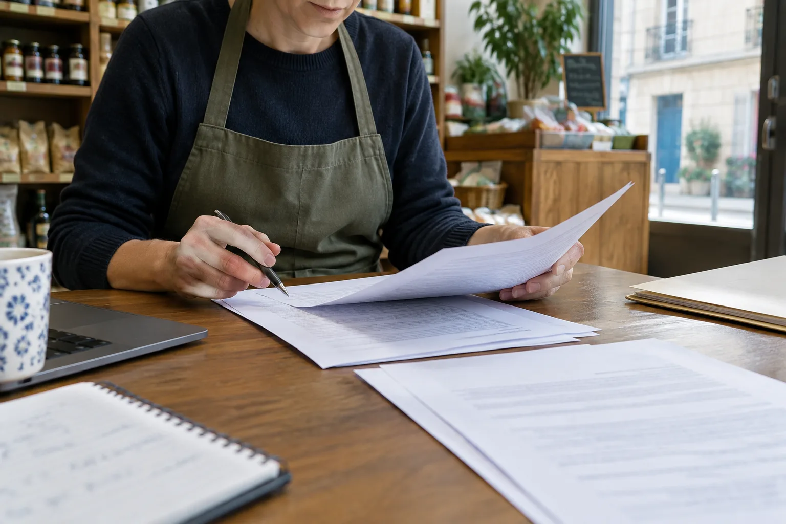 Un dirigeant de petite entreprise prépare des documents de recrutement à son bureau.