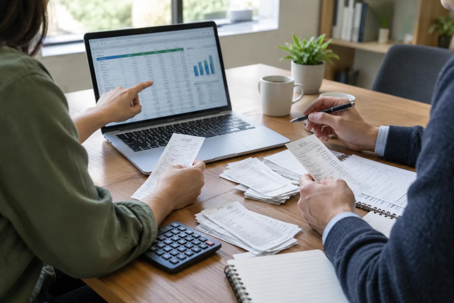Un dirigeant et un conseiller examinent ensemble des documents financiers et un ordinateur.