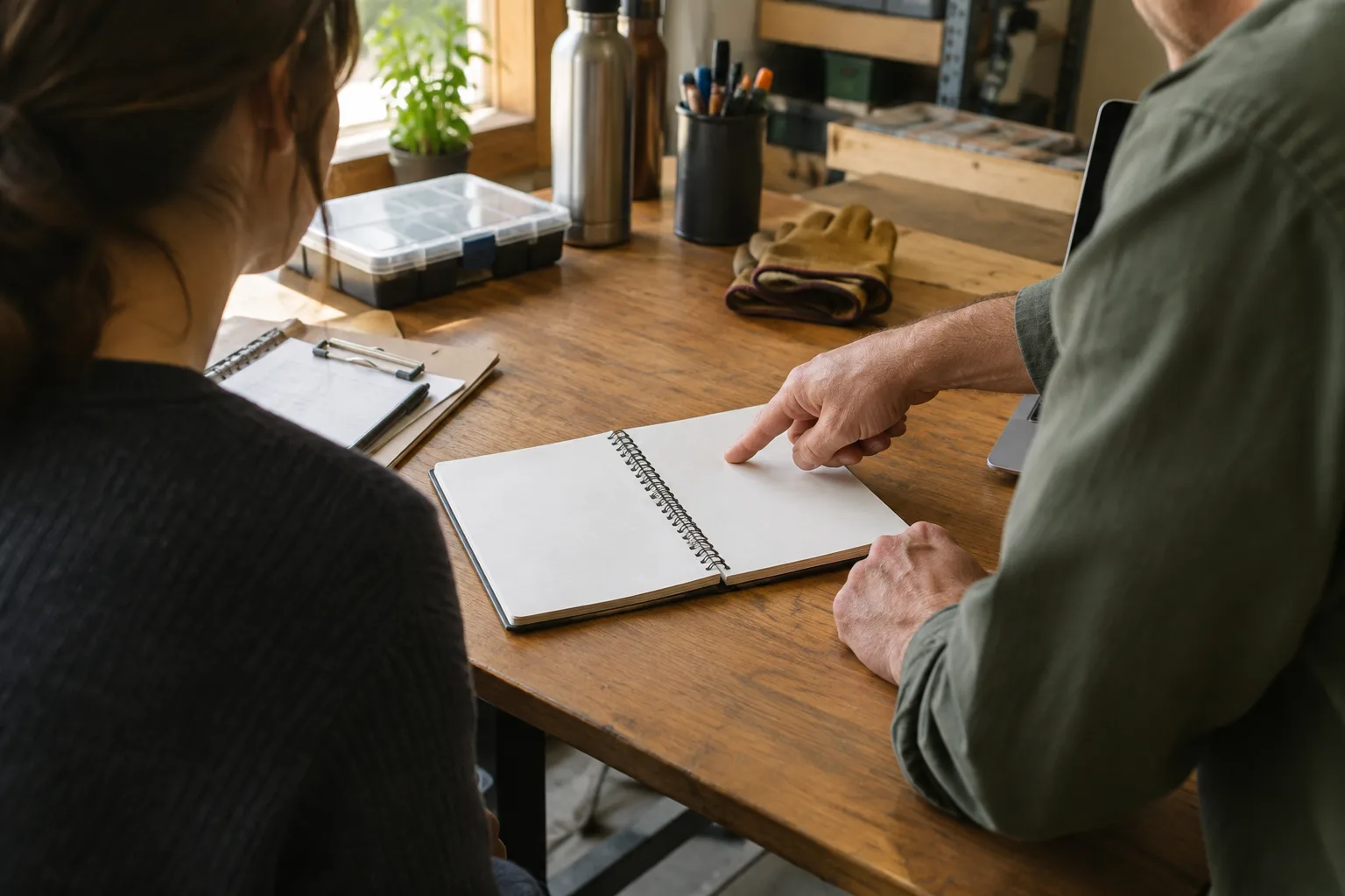 Un salarié découvre une procédure de travail avec l’aide d’un collègue dans une petite entreprise.