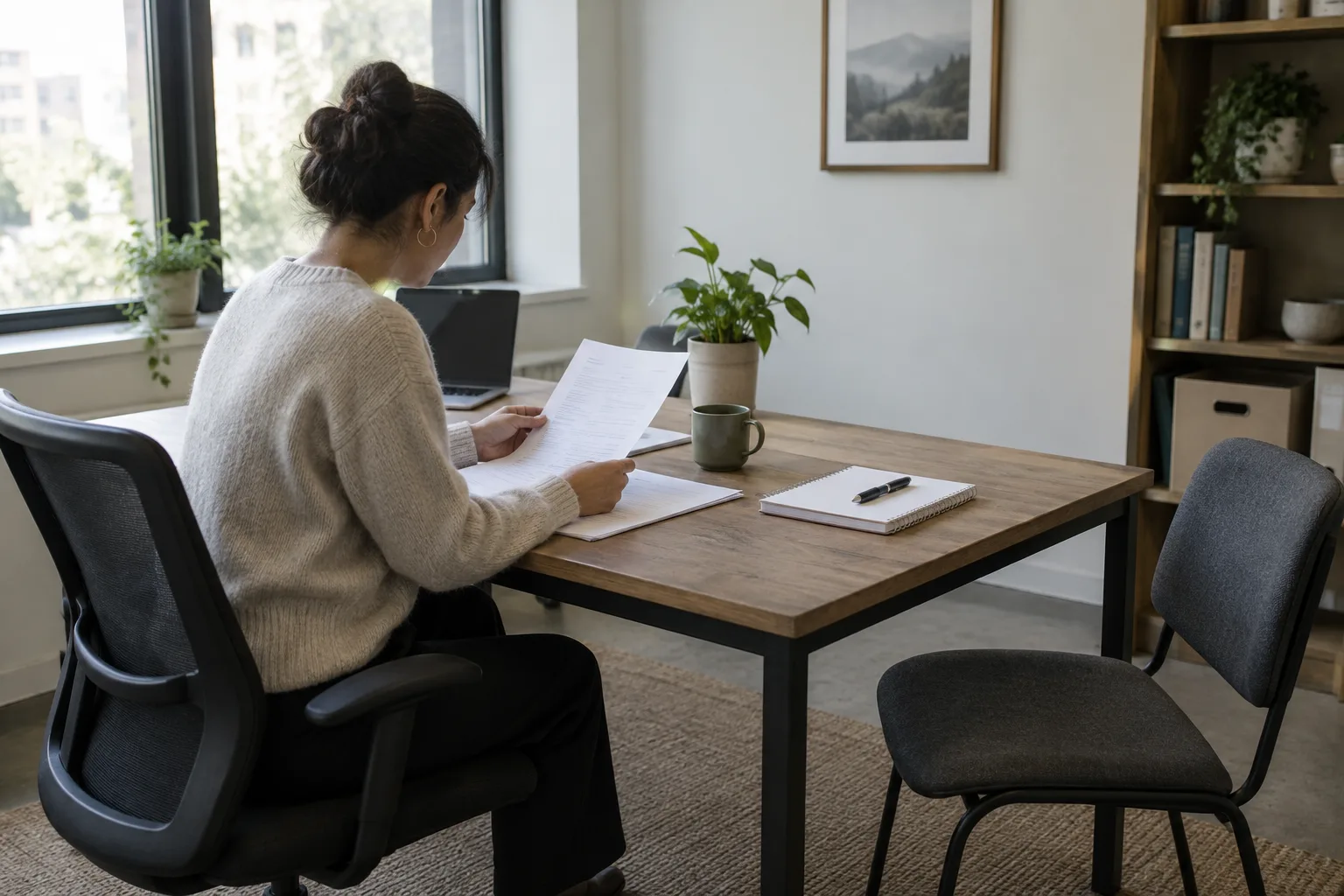 Un entrepreneur prépare des documents de recrutement à son bureau, face à une chaise destinée à un futur salarié.