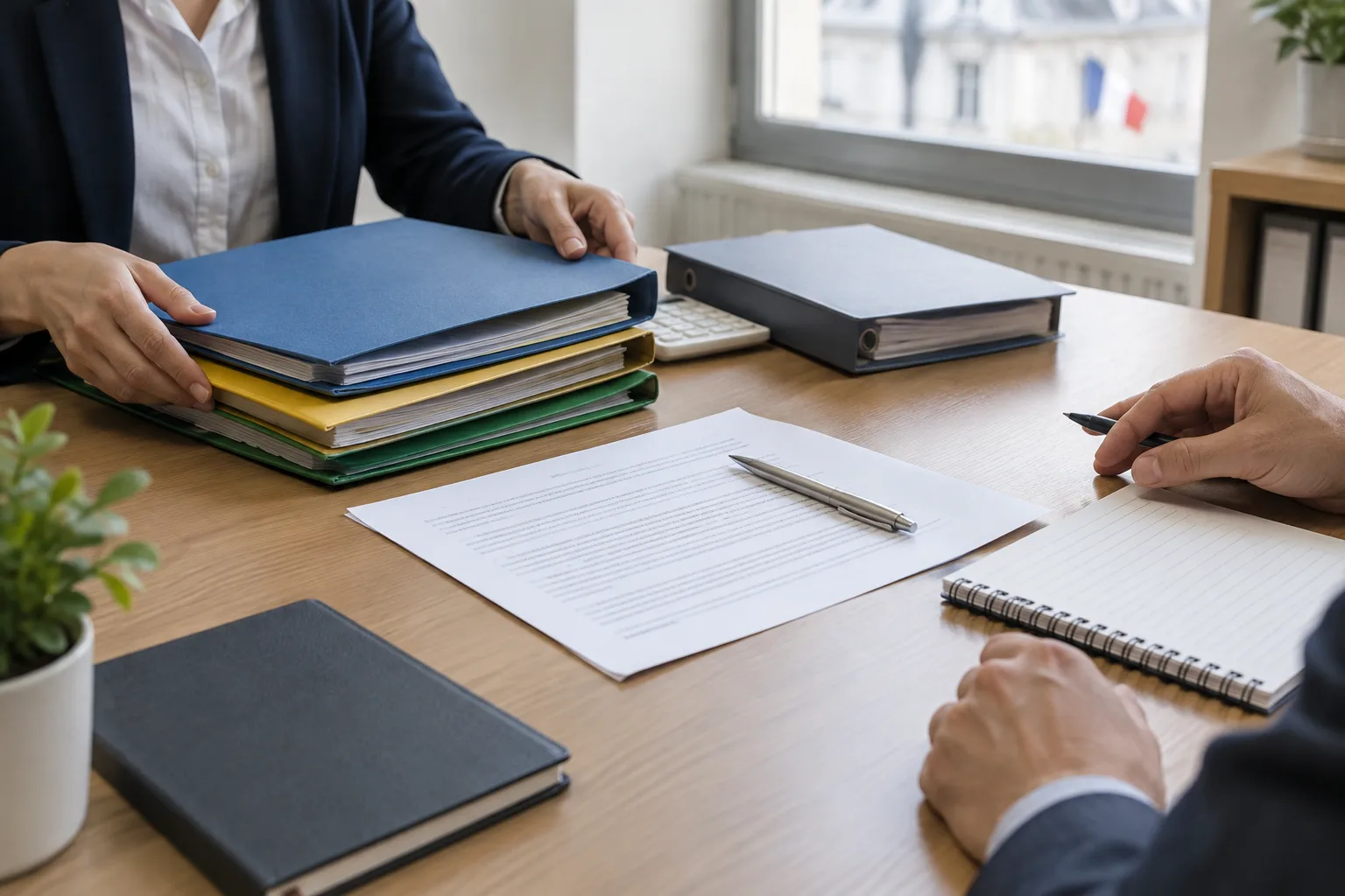 Des dossiers et un carnet sont disposés sur une table lors de la préparation d’une reprise.