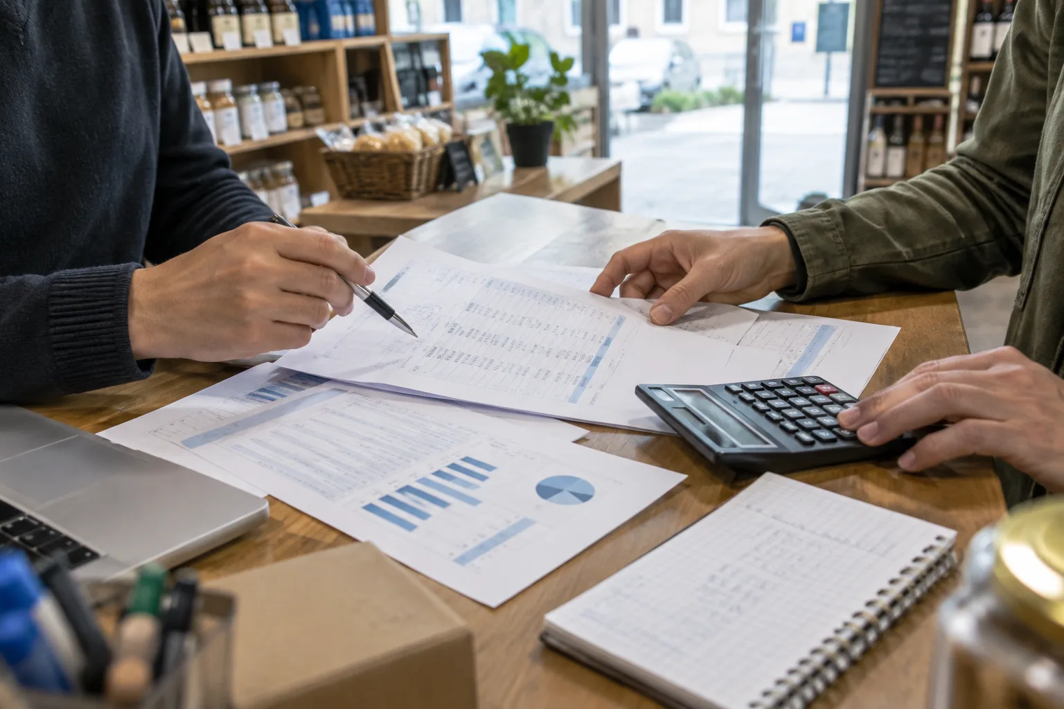 Des mains consultent des documents comptables et une calculatrice sur un comptoir.