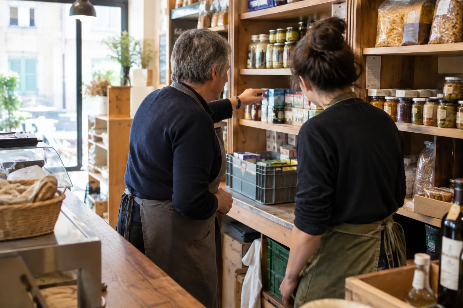 Une personne montre à une collègue l’organisation des produits derrière le comptoir d’un commerce.
